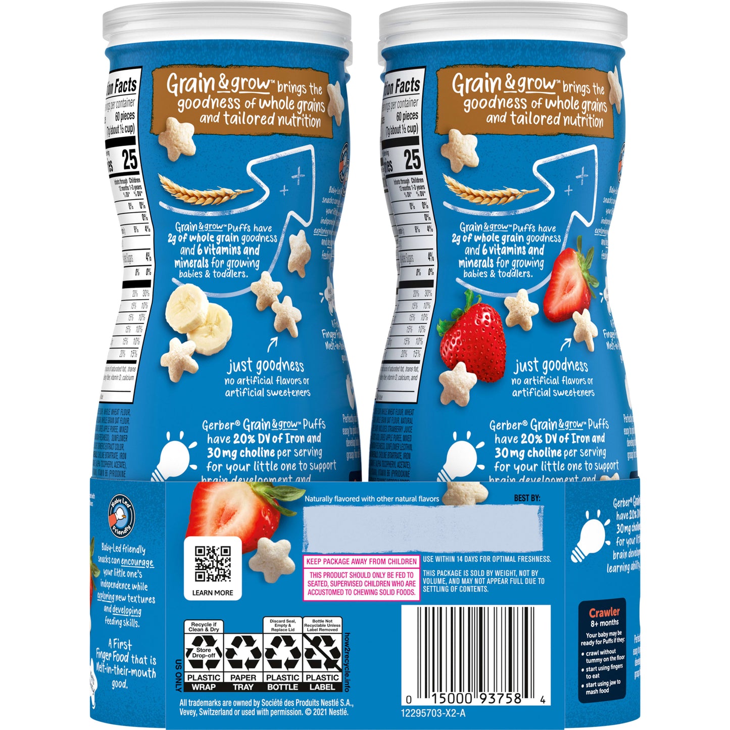 Gerber Snacks for Baby Grain & Grow Puffs, Banana & Apple Strawberry Variety Pack, 1.48 oz Canister (4 Pack)