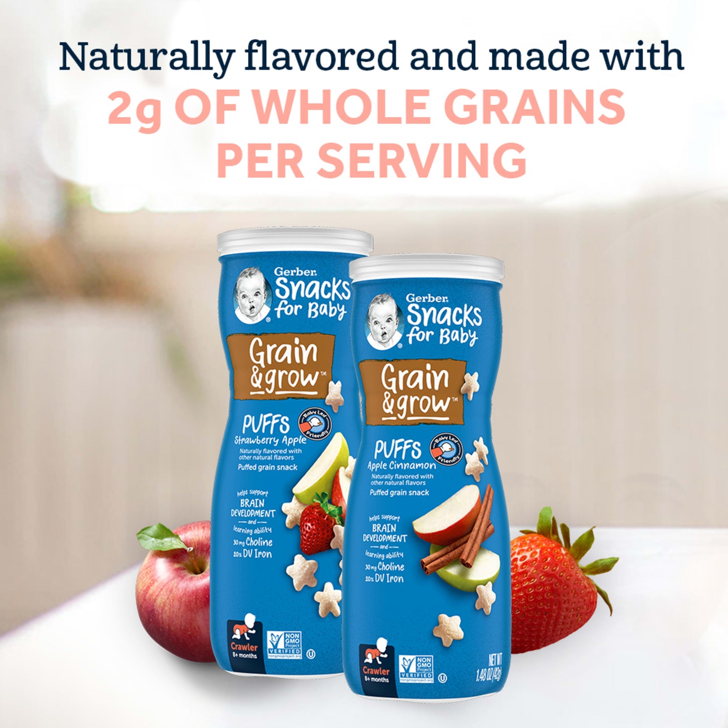 Gerber Snacks for Baby Grain & Grow Puffs, Banana & Apple Strawberry Variety Pack, 1.48 oz Canister (4 Pack)