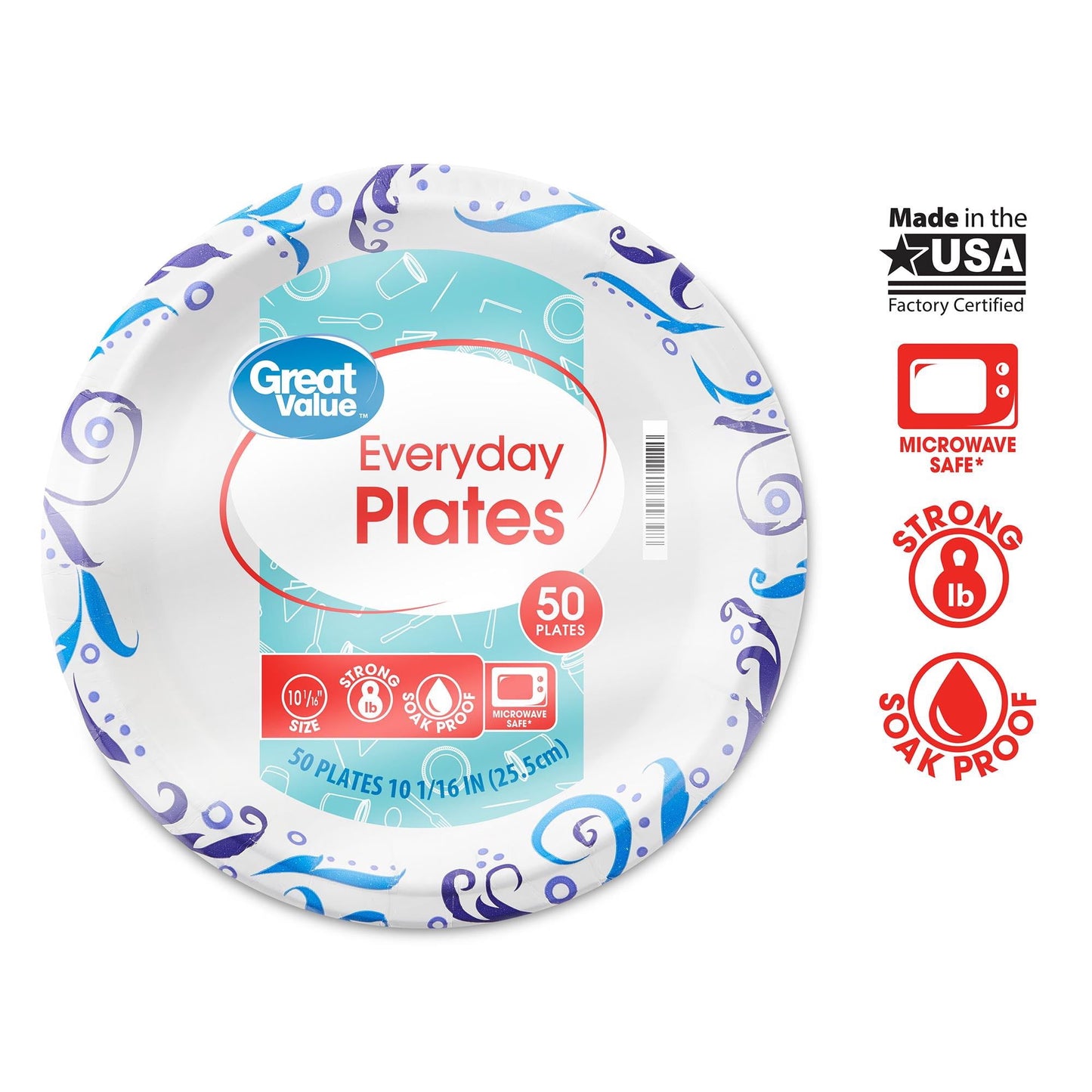 Great Value Everyday Strong, Soak Proof, Microwave Safe, Disposable Paper Plates, 10 in, Patterned, 50 Count