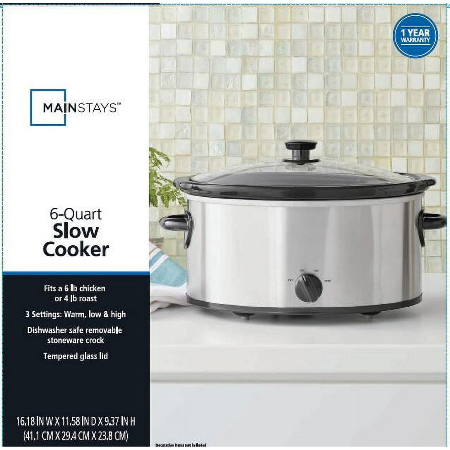 Mainstays 6 Quart Oval Slow Cooker, Stainless Steel Finish, Glass Lid, Model