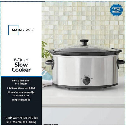 Mainstays 6 Quart Oval Slow Cooker, Stainless Steel Finish, Glass Lid, Model