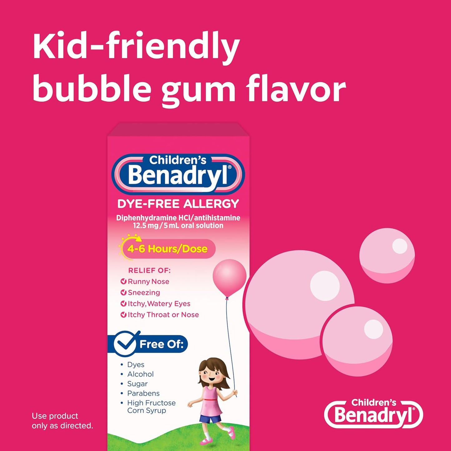 Children's Benadryl Dye-Free Allergy Liquid, Bubble Gum, 4 fl. oz