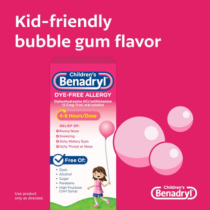 Children's Benadryl Dye-Free Allergy Liquid, Bubble Gum, 4 fl. oz