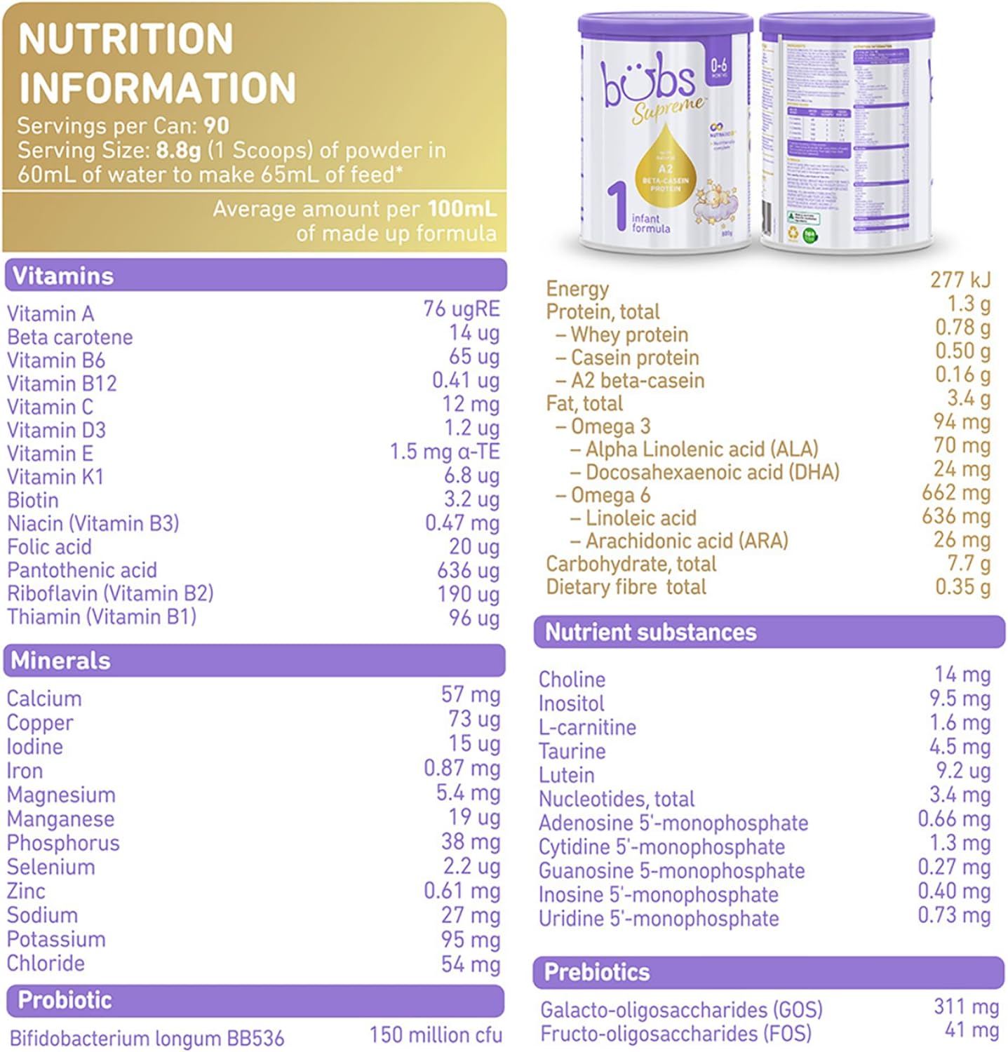 Bubs Supreme Infant Formula, Stage 1, Infants 0-6 months, Made with A2 Beta-Casein Protein Cows Milk, 28.2 oz