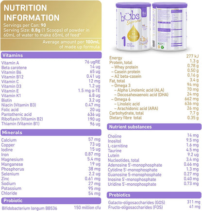 Bubs Supreme Infant Formula, Stage 1, Infants 0-6 months, Made with A2 Beta-Casein Protein Cows Milk, 28.2 oz