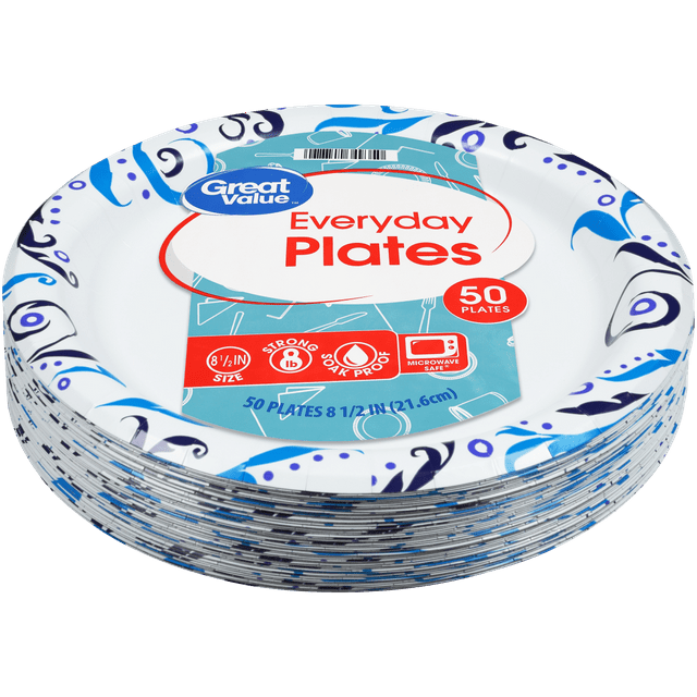 Great Value Everyday Strong, Soak Proof, Microwave Safe, Disposable Paper Plates, 10 in, Patterned, 50 Count