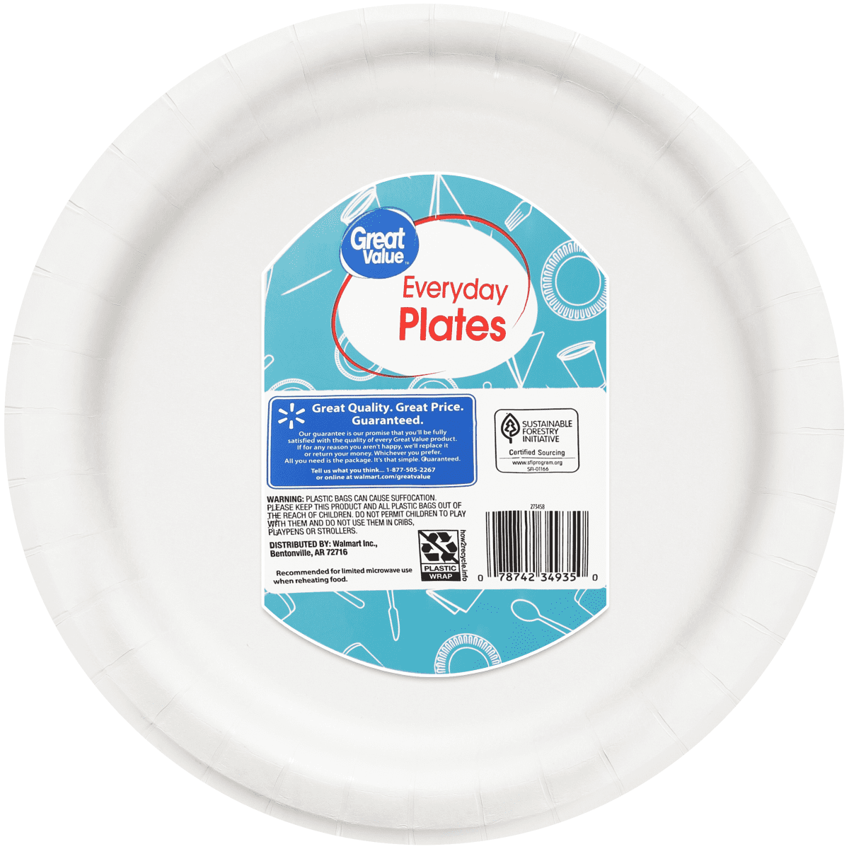 Great Value Everyday Strong, Soak Proof, Microwave Safe, Disposable Paper Plates, 10 in, Patterned, 50 Count