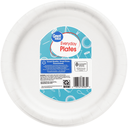Great Value Everyday Strong, Soak Proof, Microwave Safe, Disposable Paper Plates, 10 in, Patterned, 50 Count