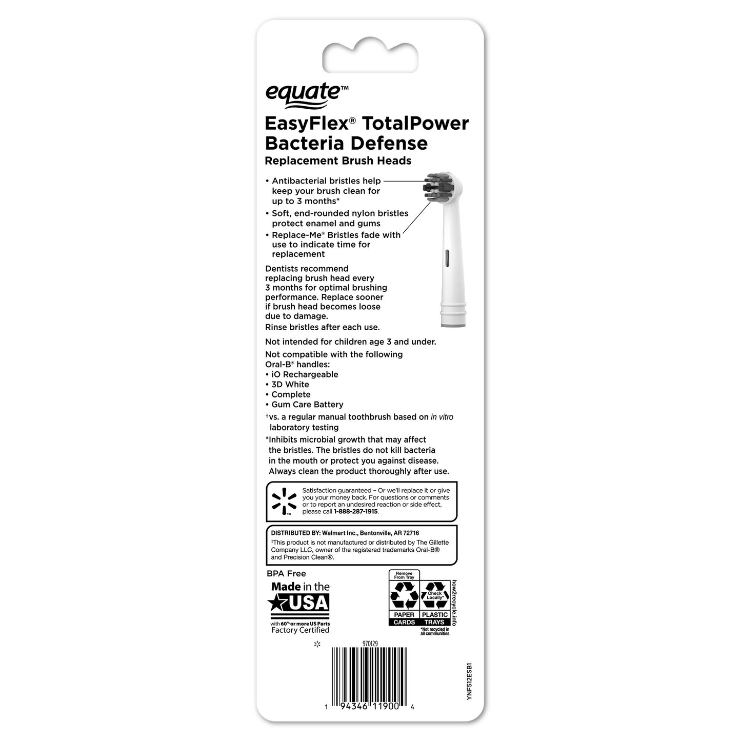 Equate EasyFlex Total Power Replacement Brush Heads, Fits most Oral-B toothbrushes, Antibacterial Bristles, 8 Ct