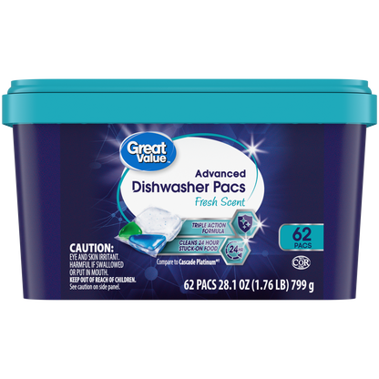 Great Value Advanced Automatic Dishwasher Pacs, Fresh Scent, 62 Count
