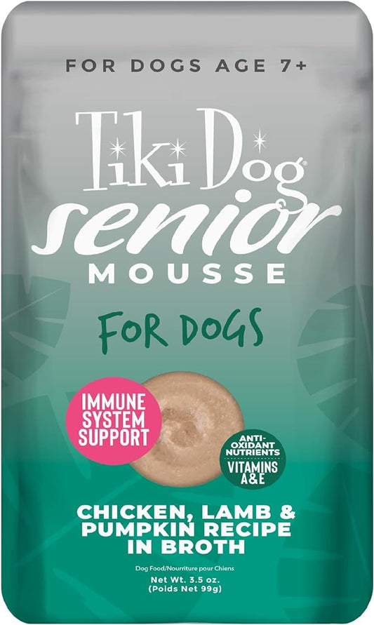 Tiki Dog Seniors Mousse Wet Dog Food, Chicken, Lamb & Pumpkin Recipe, 3.5 oz. Pouch (12 Count)