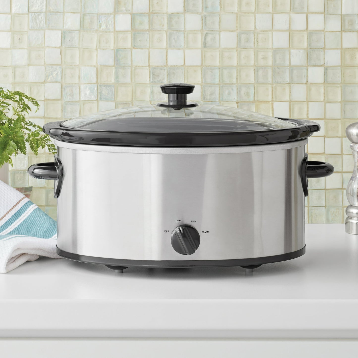 Mainstays 6 Quart Oval Slow Cooker, Stainless Steel Finish, Glass Lid, Model