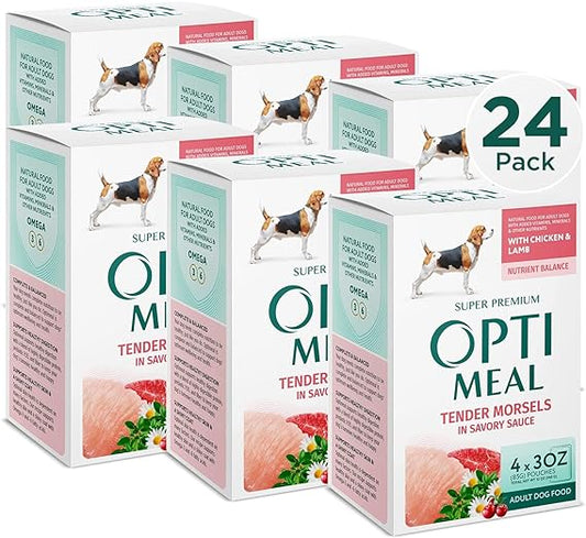 OPtimeal Wet Dog Food Pouches - Proudly Ukrainian - Nutritionally Balanced Dog Food Wet Recipe for Digestive Care of Adult Dogs (4.5lbs Total (24 Pouches), Chicken & Lamb)