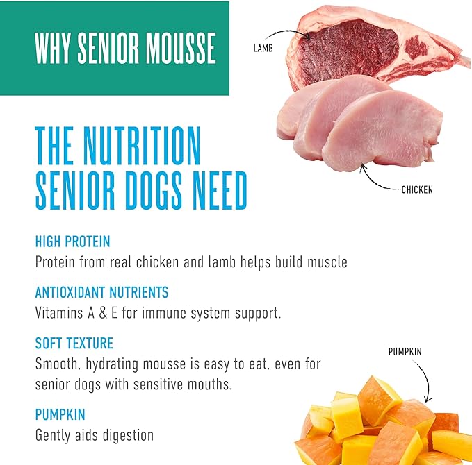 Tiki Dog Seniors Mousse Wet Dog Food, Chicken, Lamb & Pumpkin Recipe, 3.5 oz. Pouch (12 Count)