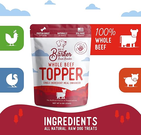 Beg & Barker Beef Dog Food Toppers for Picky Eaters (8 Ounce, Pack of 1) - Bowl Booster with Whole Beef Heart - Premium Meal Mixers for Dogs - Single Ingredient, Human Grade, Grain Free