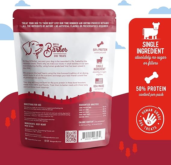 Beg & Barker Beef Dog Food Toppers for Picky Eaters (8 Ounce, Pack of 1) - Bowl Booster with Whole Beef Heart - Premium Meal Mixers for Dogs - Single Ingredient, Human Grade, Grain Free