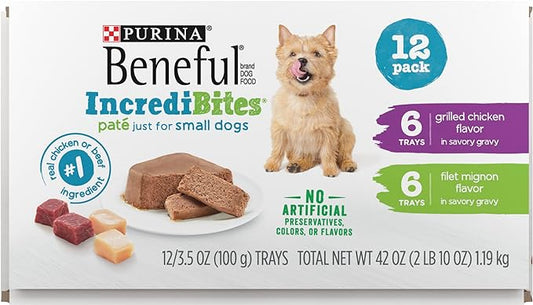 Beneful IncrediBites Grilled Chicken Flavor and Filet Mignon Flavor Wet Food for Small Dogs Variety Pack - (Pack of 12) 3.5 oz. Cans