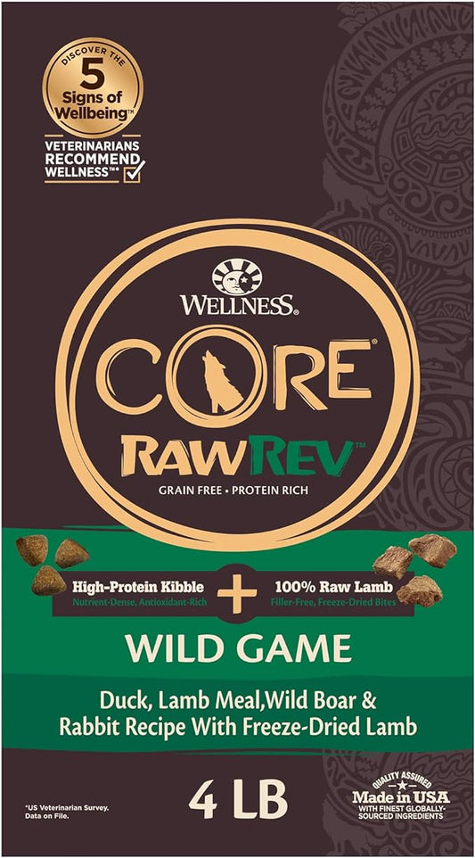 Wellness CORE RawRev Grain-Free Dry Dog Food, Natural Ingredients, Made in USA with Real Freeze-Dried Meat (Adult, Wild Game, 4 lbs)