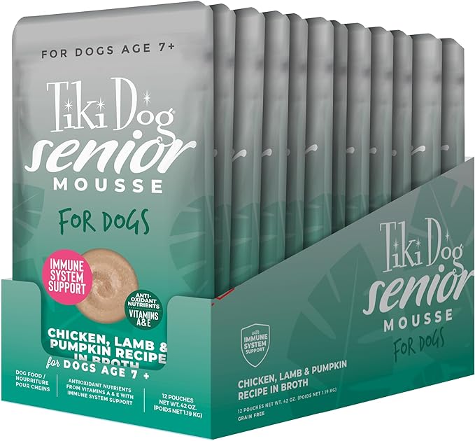 Tiki Dog Seniors Mousse Wet Dog Food, Chicken, Lamb & Pumpkin Recipe, 3.5 oz. Pouch (12 Count)