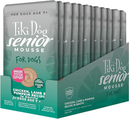 Tiki Dog Seniors Mousse Wet Dog Food, Chicken, Lamb & Pumpkin Recipe, 3.5 oz. Pouch (12 Count)