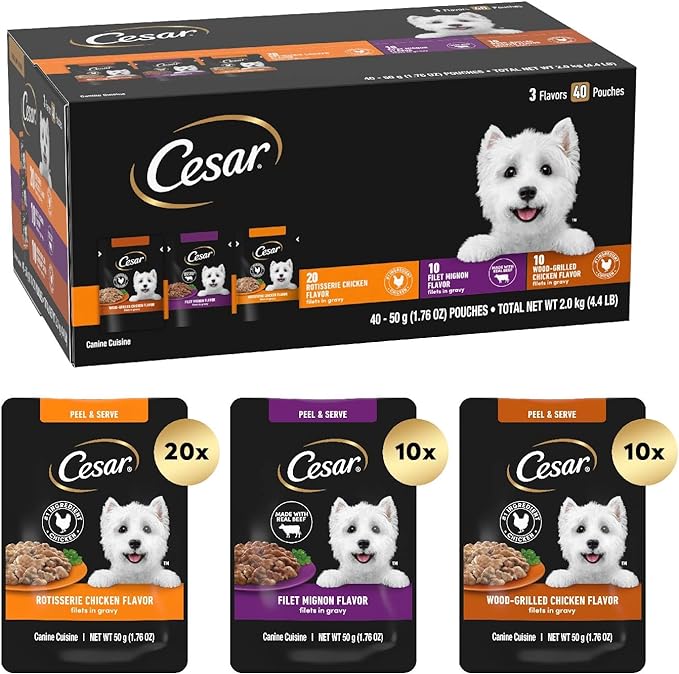 Cesar Filets in Gravy Wet Dog Food Filet Mignon Flavor, Rotisserie Chicken Flavor, and Wood-Grilled Chicken Flavor Variety Pack, 1.76 oz. Mini-Pouches, 40 Pack