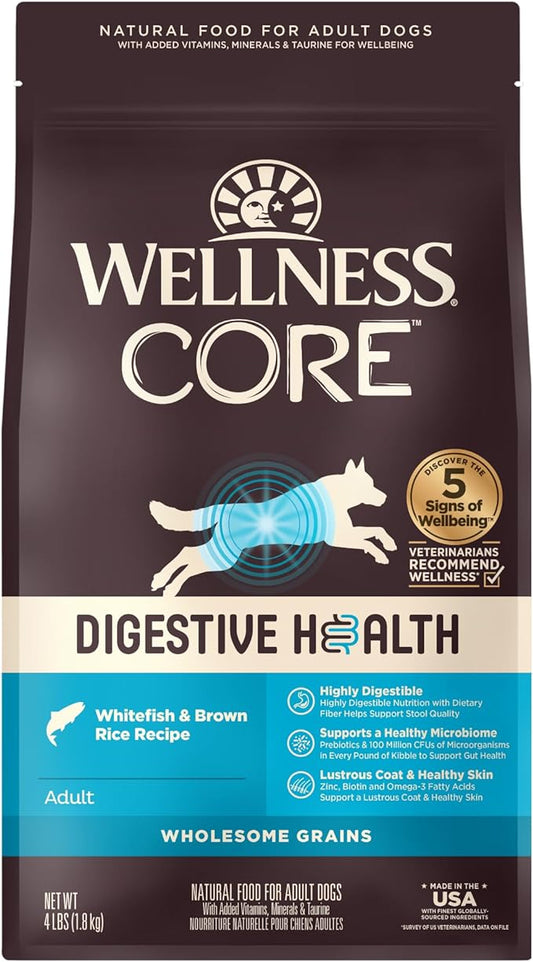 Wellness CORE Digestive Health Dry Dog Food with Wholesome Grains, Highly Digestible, for Dogs with Sensitive Stomachs, Made in USA with Real Protein (Whitefish & Brown Rice, 4-Pound Bag)