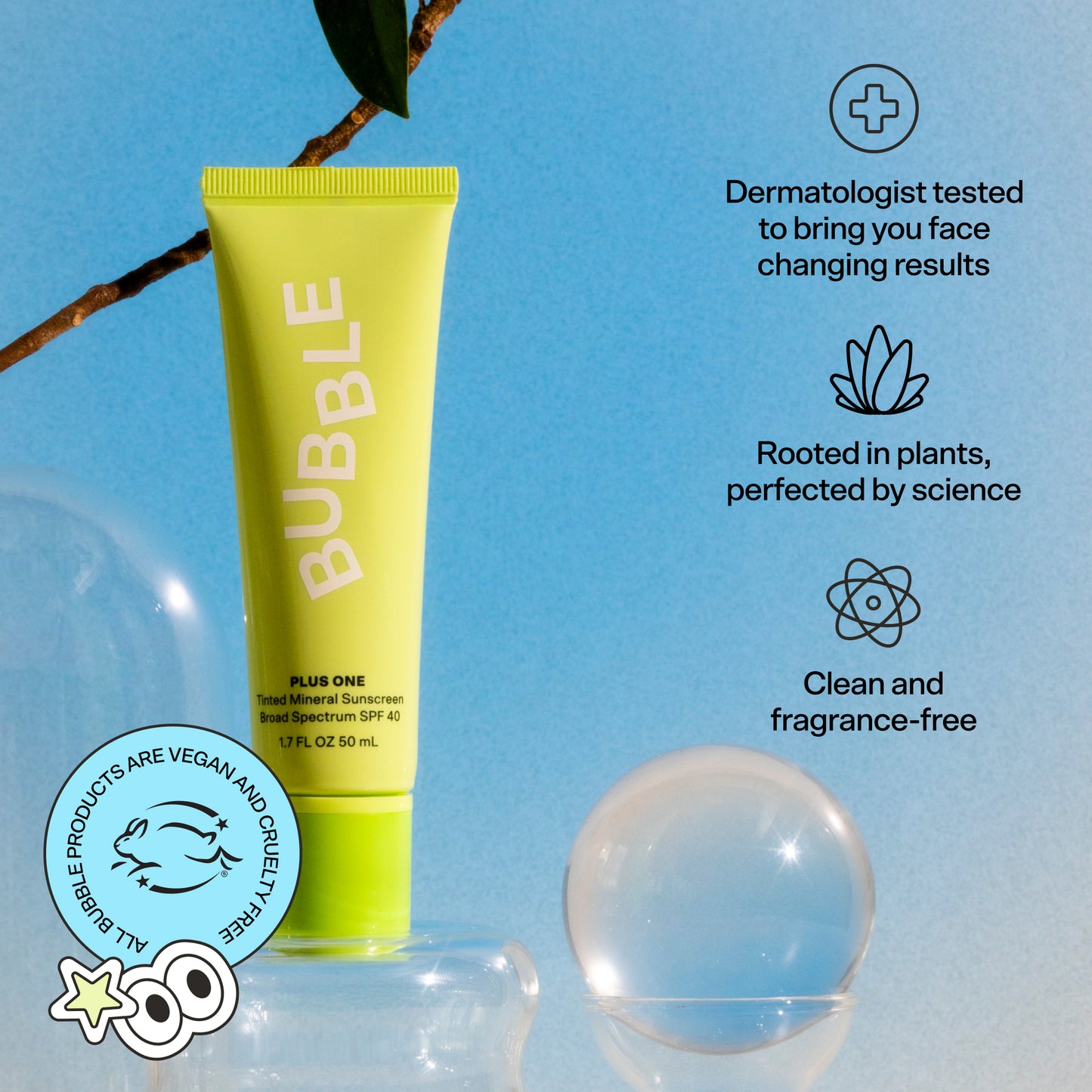 Bubble Skincare Plus One Tinted Sunscreen SPF 40, Everyday Care Sun Protection, All Skin Types, 1.7 fl oz / 50mL