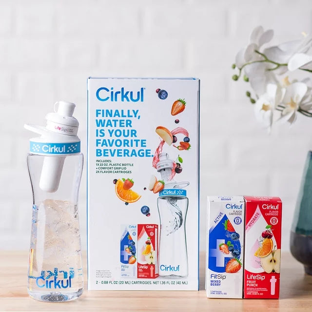 Cirkul 22oz Plastic Water Bottle Starter Kit with Blue Lid and 2 Flavor Cartridges (Fruit Punch & Mixed Berry)