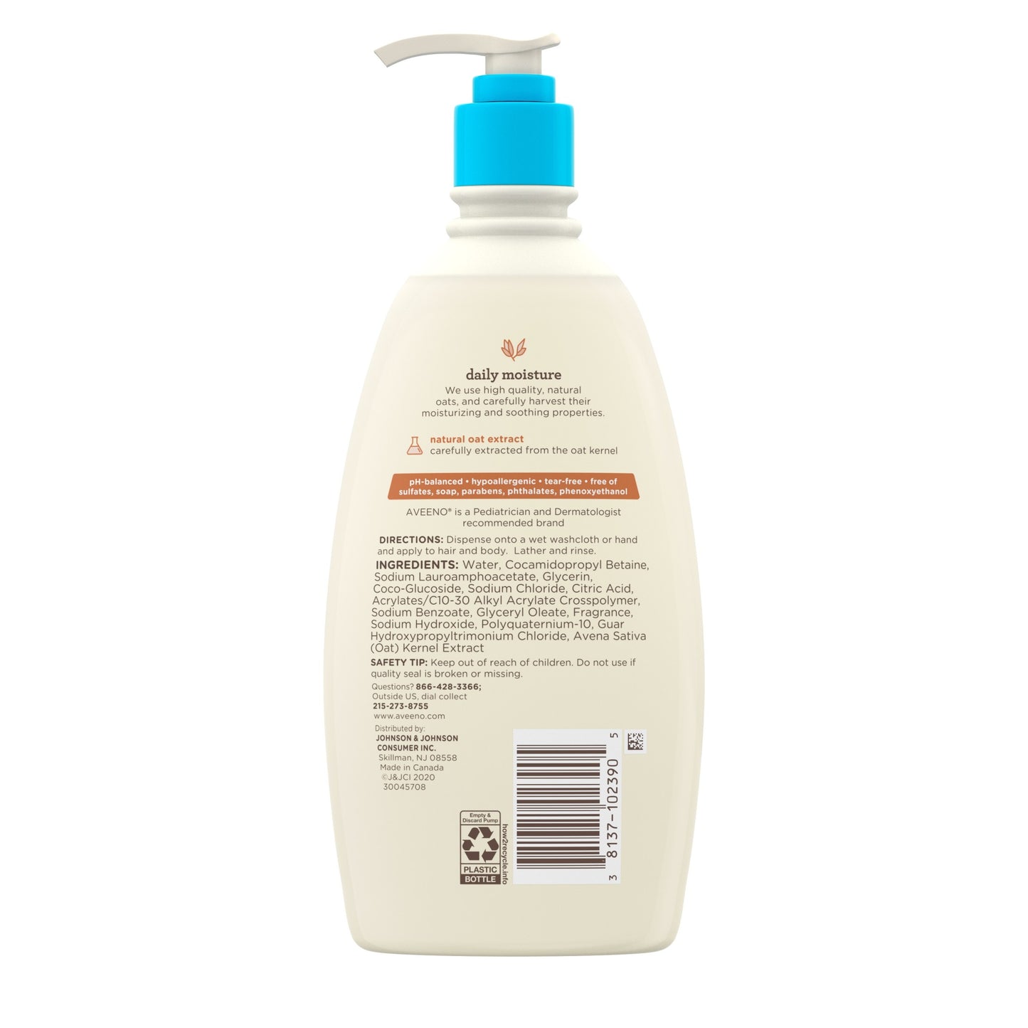 Aveeno Baby Daily Moisture Body Wash & Shampoo, Liquid Soap, Oat Extract, 18 fl. oz