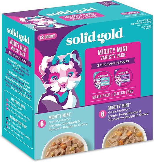 Solid Gold Wet Dog Food Variety Pack for Small Dogs - Mighty Mini Grain Free Wet Dog Food Made with Real Protein - for Puppies, Adult & Senior Small Breeds with Sensitive Stomachs - 12 Pack