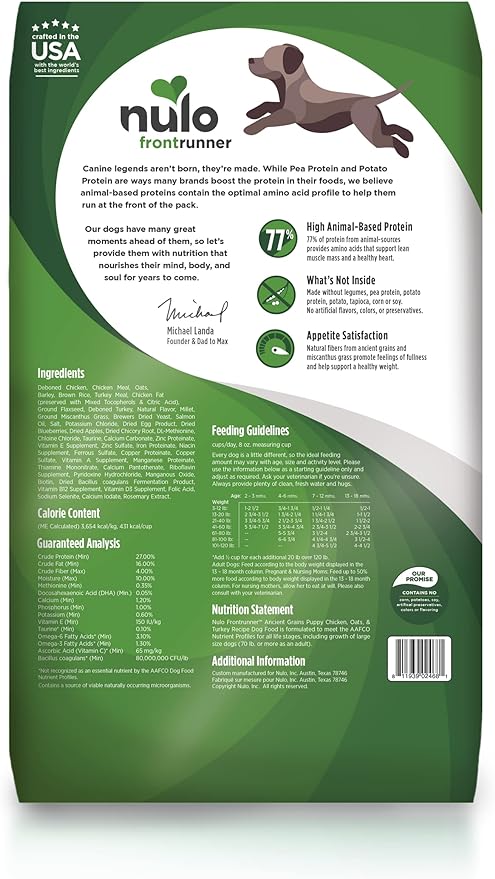 Nulo Frontrunner All Breed Puppy Food, Premium Dry Small Kibble Puppy Food, Ancient Grains Promote Fullness with BC30 Probiotic & DHA to Boost Cognitive Development