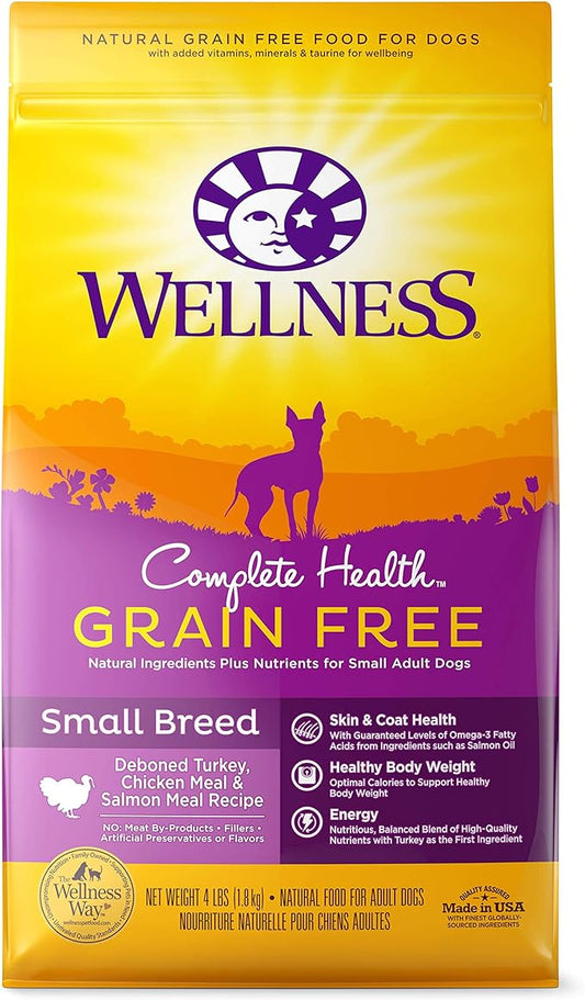 Wellness Complete Health Grain-Free Small Breed Dry Dog Food, Natural Ingredients, Made in USA with Real Turkey, For All Lifestages (Turkey, Chicken & Salmon, 4-Pound Bag)