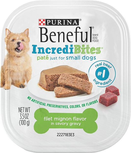 Beneful IncrediBites Pate Wet Dog Food for Small Dogs Filet Mignon Flavor in a Savory Gravy - (Pack of 12) 3.5 oz. Cans