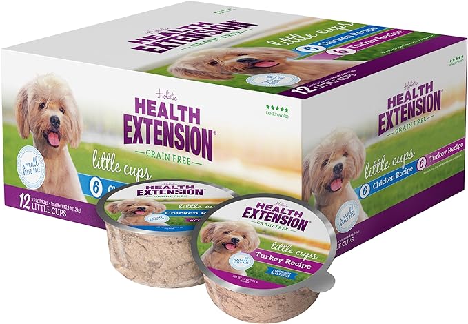 Health Extension Wet Dog Food, Grain-Free, Natural Food Cups for Small Breed Dogs, Include 6 Chicken Recipe Cups & 6 Turkey Recipe Cups, Each Cup Weight (3.5 Oz / 99.2 g)