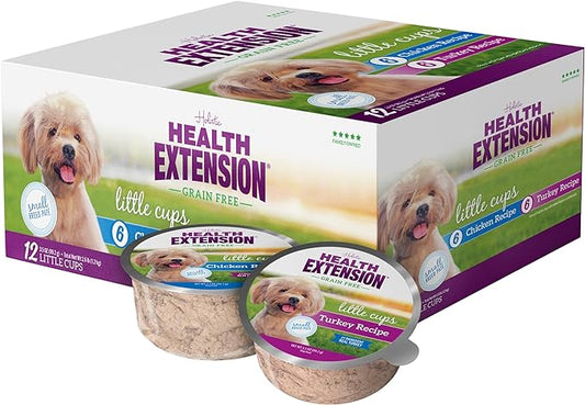 Health Extension Wet Dog Food, Grain-Free, Natural Food Cups for Small Breed Dogs, Include 6 Chicken Recipe Cups & 6 Turkey Recipe Cups, Each Cup Weight (3.5 Oz / 99.2 g)