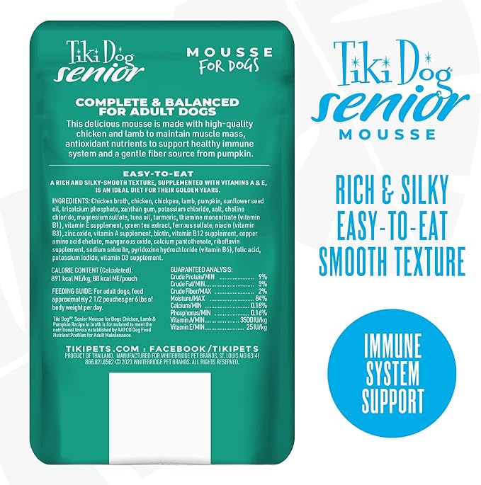 Tiki Dog Seniors Mousse Wet Dog Food, Chicken, Lamb & Pumpkin Recipe, 3.5 oz. Pouch (12 Count)