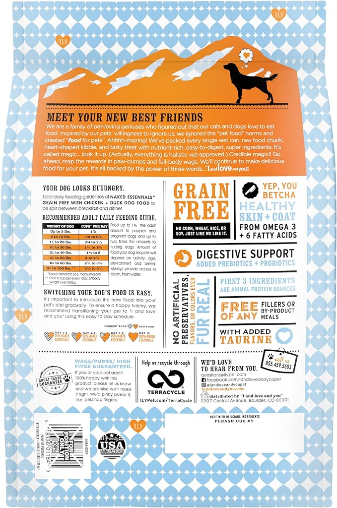 I & Love & You Naked Essentials Grain Free Dry Dog Food with Chicken + Duck, No Artificial Colors, Flavors or Preservatives, Gluten Free, 4 Pound (Pack of 4)