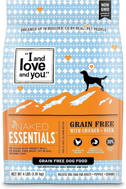 I & Love & You Naked Essentials Grain Free Dry Dog Food with Chicken + Duck, No Artificial Colors, Flavors or Preservatives, Gluten Free, 4 Pound (Pack of 4)