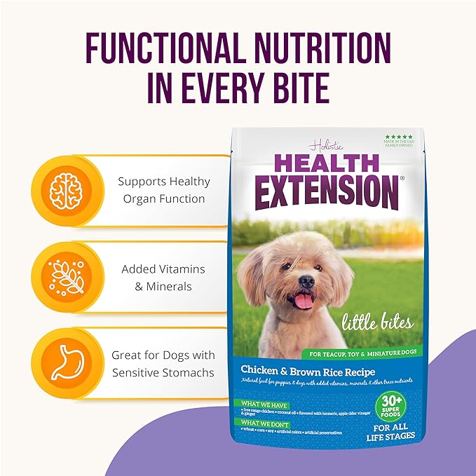 Health Extension Little Bites Dry Dog Food, Natural Food with Added Vitamins & Minerals, Suitable for Teacup, Toy & Small Dogs, Chicken & Brown Rice Recipe (4 Pound / 1.8 Kg)