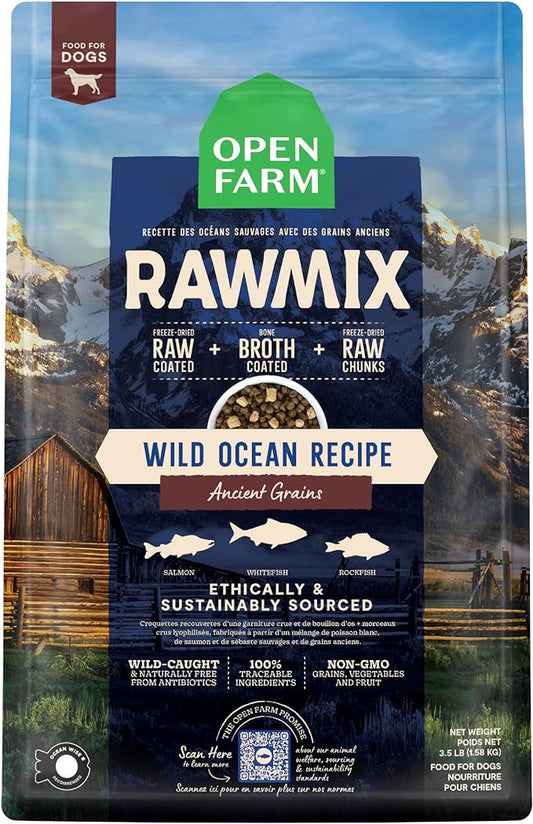 Open Farm RawMix Ancient Grains Wild-Ocean Recipe for Dogs, Includes Kibble, Bone Broth, and Freeze Dried Raw, Inspired by The Wild, Humanely Raised Protein and Non-GMO Fruits and Veggies, 3.5 lb