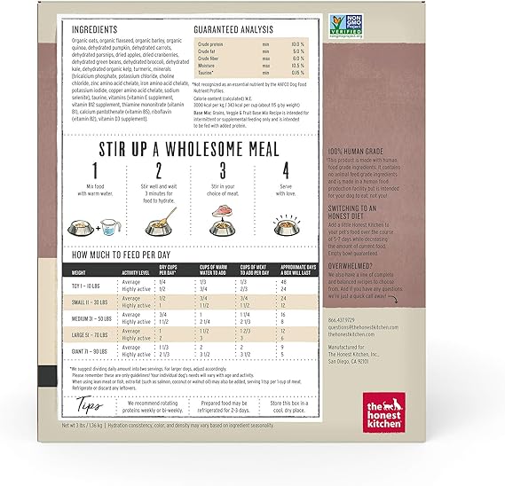 The Honest Kitchen Dehydrated Whole Grain, Veggie & Fruit Base Mix Dog Food (Just Add Protein), 3 lb Box