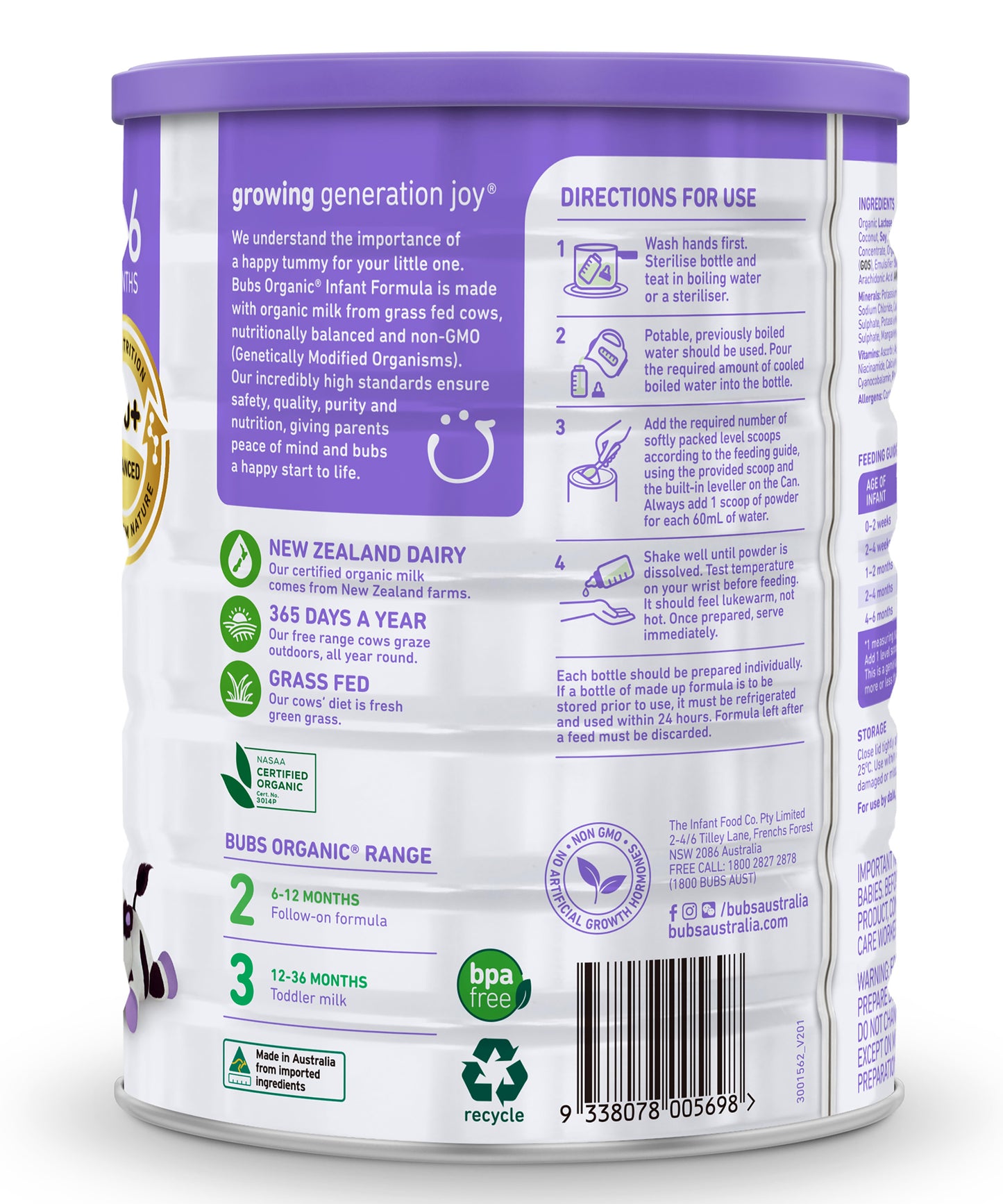 Bubs Organic® Grass Fed Infant Formula Stage 1, 800g (0-6 Months)