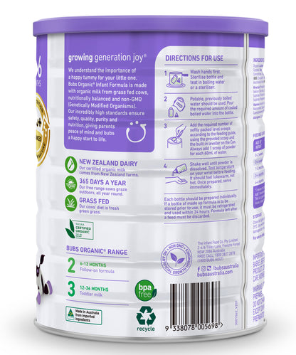 Bubs Organic® Grass Fed Infant Formula Stage 1, 800g (0-6 Months)