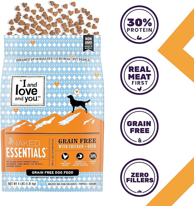 I & Love & You Naked Essentials Grain Free Dry Dog Food with Chicken + Duck, No Artificial Colors, Flavors or Preservatives, Gluten Free, 4 Pound (Pack of 4)