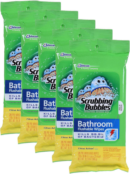 Scrubbing Bubbles Antibacterial Bathroom Flushable Wipes YOehR, 28 Count, 5Pack