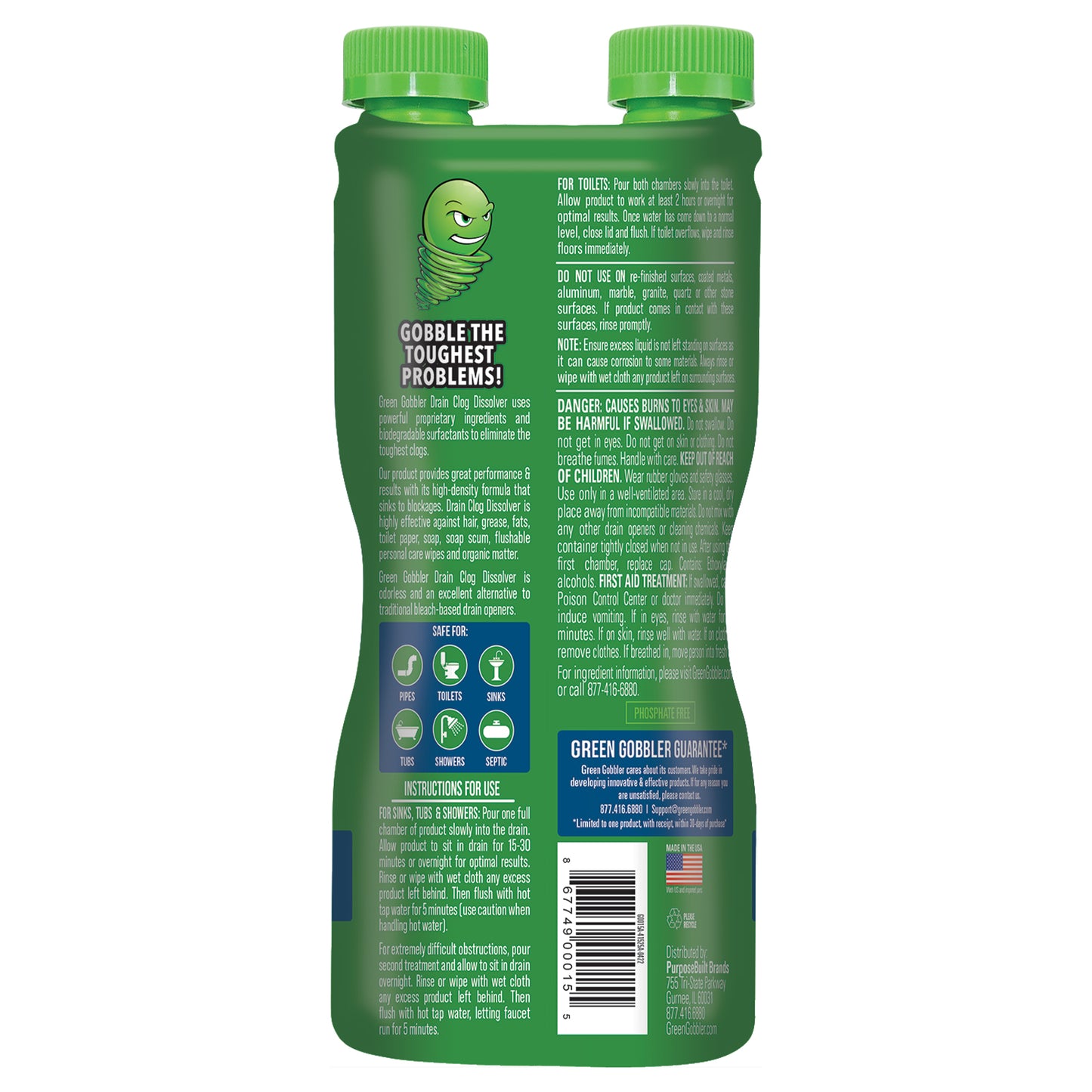 Green Gobbler Drain Clog Remover & Cleaner for Toilets, Sinks, Showers Septic-Safe, 31 oz, 1 Ct - 2 Uses