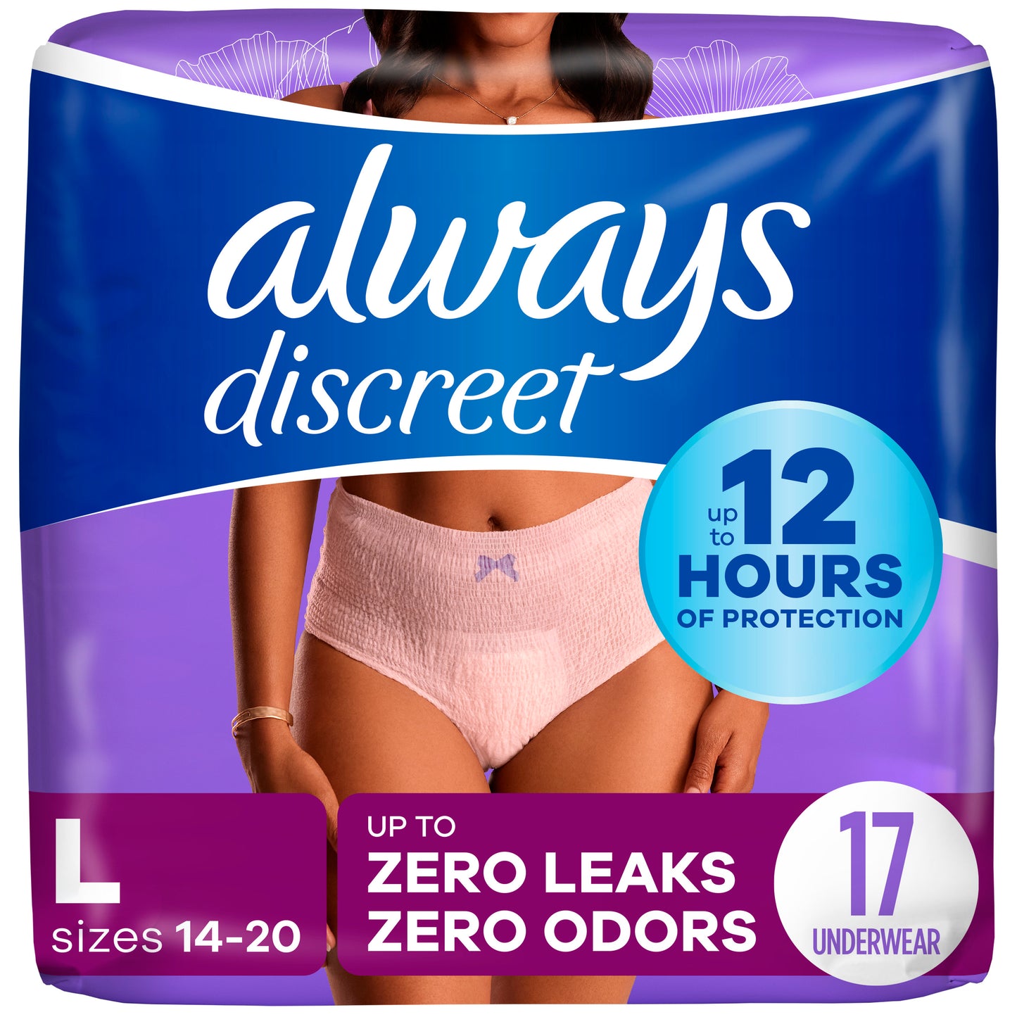 Always Discreet Adult Incontinence Underwear for Women, L,