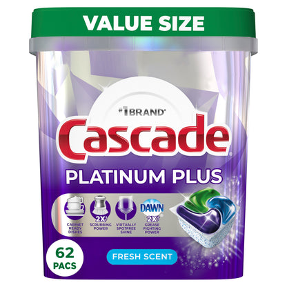 Cascade Platinum Plus Dishwasher Detergent Pacs, Fresh, 62 Count