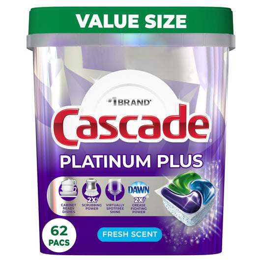 Cascade Platinum Plus Dishwasher Detergent Pacs, Fresh, 62 Count