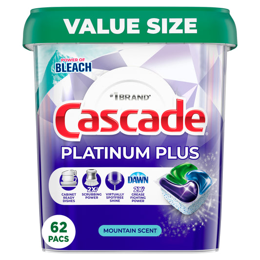 Cascade Platinum Plus Dishwasher Detergent Pacs, Mountain Scent, 62 Count